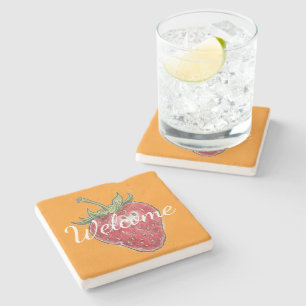 Welcome watercolor strawberry cute painting orange stone coaster
