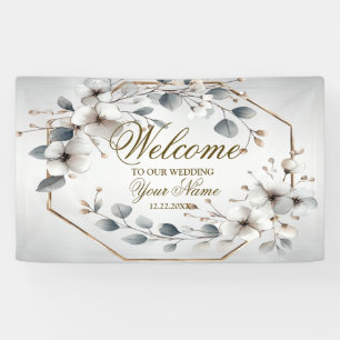 Welcome Watercolor White Flowers Golden Silver Banner