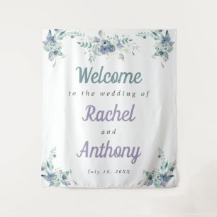 Welcome Wedding Blue Flowers Purple Watercolor Tapestry