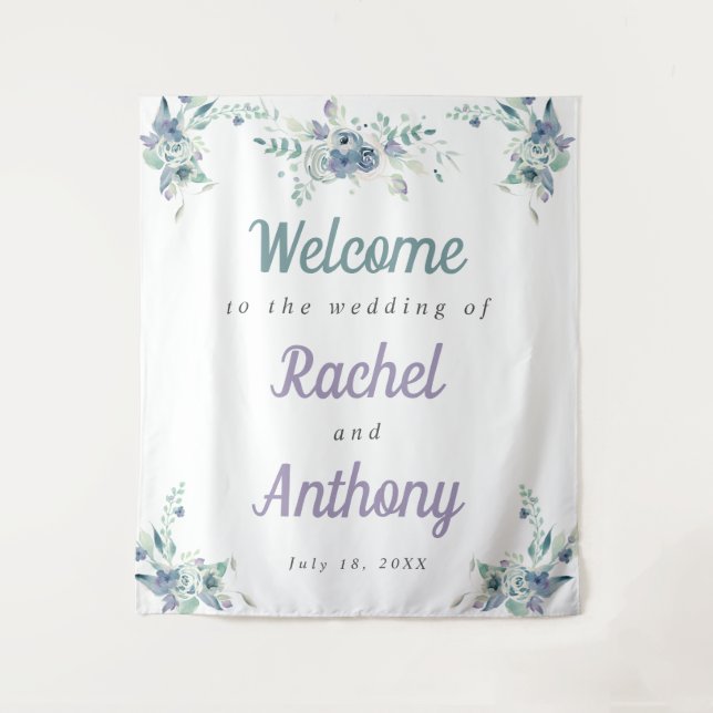Welcome Wedding Blue Flowers Purple Watercolor Tapestry (Front)