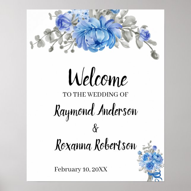 Welcome Wedding Blue Flowers Sign (Front)