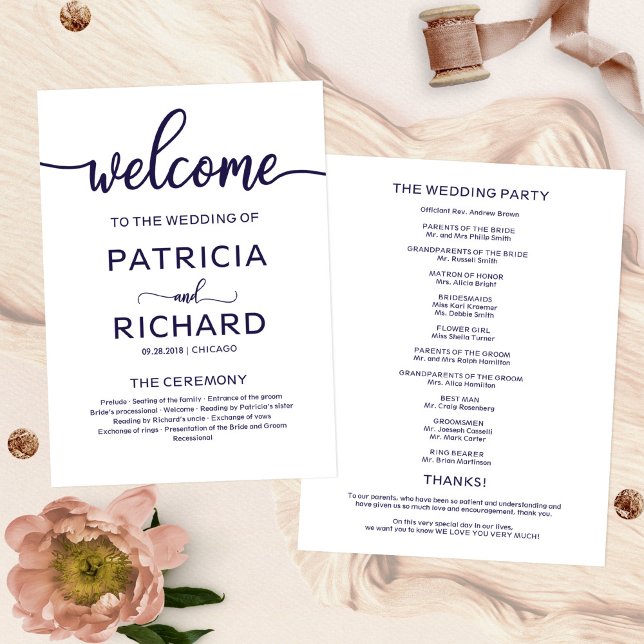 Welcome Wedding Ceremony Program Chic Navy Blue Programme (Creator Uploaded)