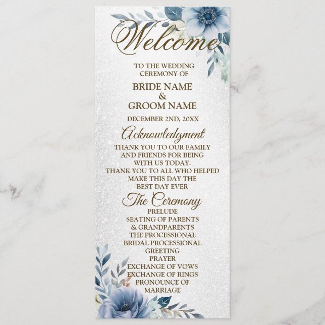Welcome Wedding Dusty Blue Watercolor Flowers Programme (Front)