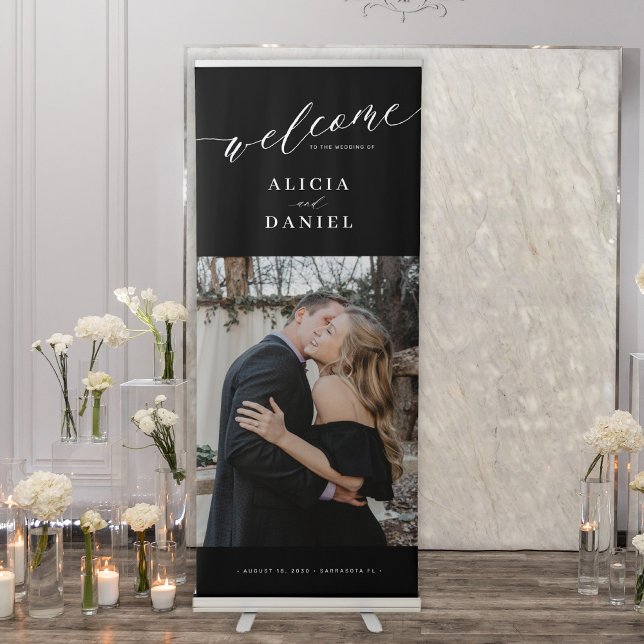 Welcome wedding elegant script black photo retractable banner (Creator Uploaded)