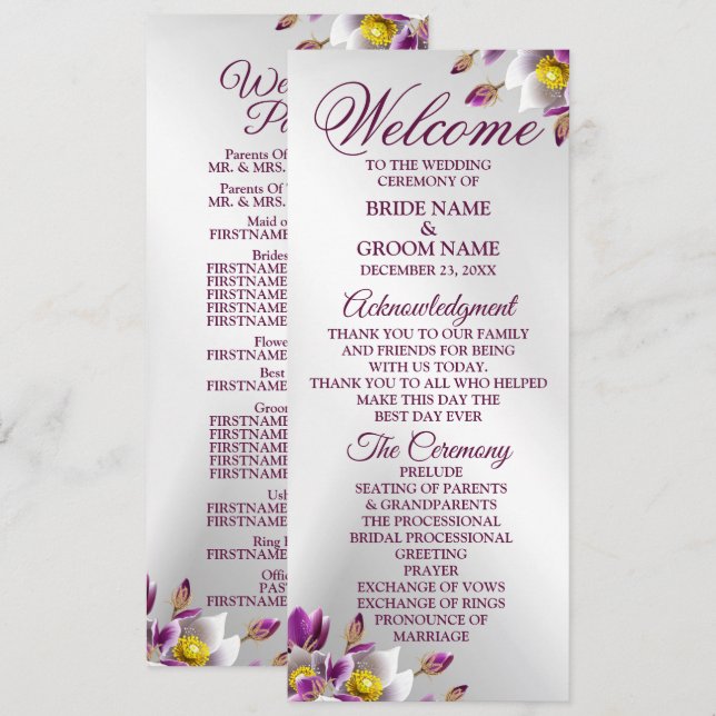 Welcome Wedding Floral Pink Purple Silver Elegant Programme (Front/Back)