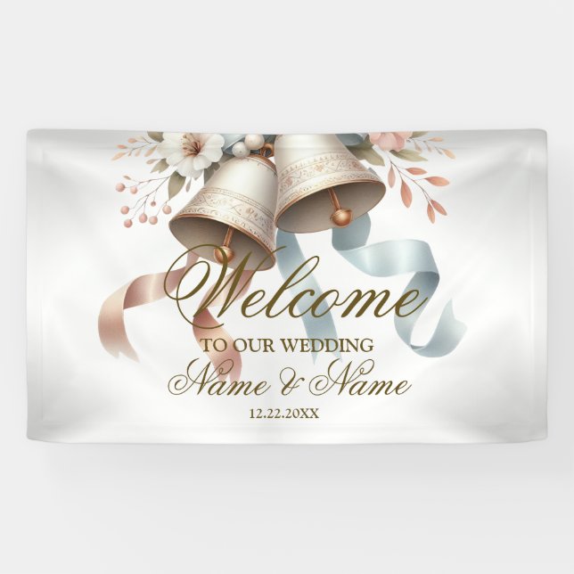 Welcome Wedding Flowers Bells Pink Blue Ribbons Banner (Horizontal)