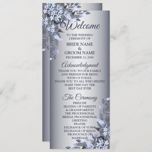 Welcome Wedding Navy Blue Floral Silver Elegant Programme (Front/Back)