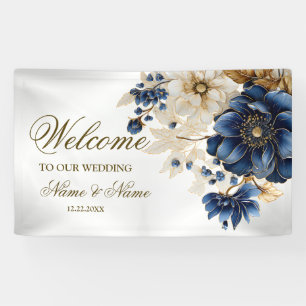 Welcome Wedding Navy Blue White Golden Floral Banner