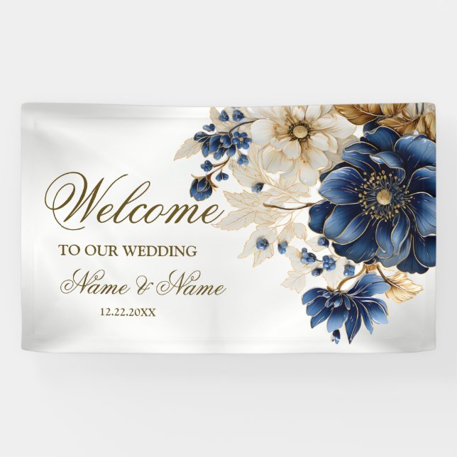 Welcome Wedding Navy Blue White Golden Floral Banner (Horizontal)