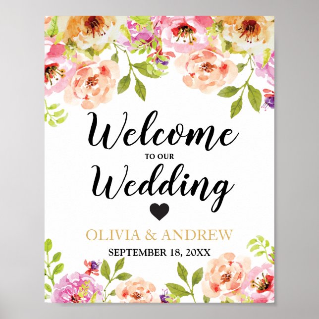 Welcome Wedding Orange Pink Watercolor Floral | Poster (Front)