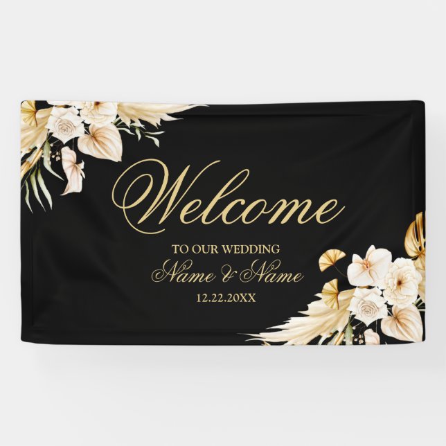 Welcome Wedding Party Blush Pink Floral Gold Black Banner (Horizontal)