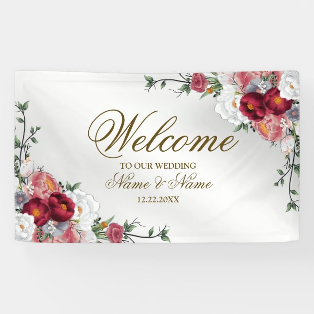 Welcome Wedding Party Colourful Red Floral Silver Banner (Horizontal)
