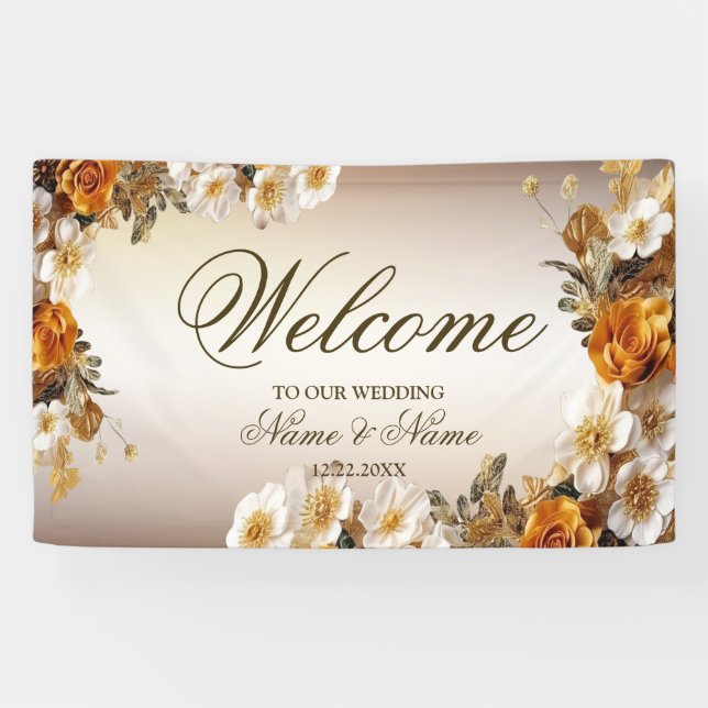 Welcome Wedding Party Golden Orange White Flowers Banner (Horizontal)