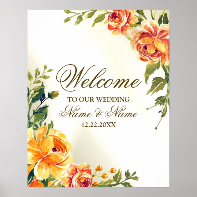 Welcome Wedding Party Orange Yellow Red Floral Poster (Front)