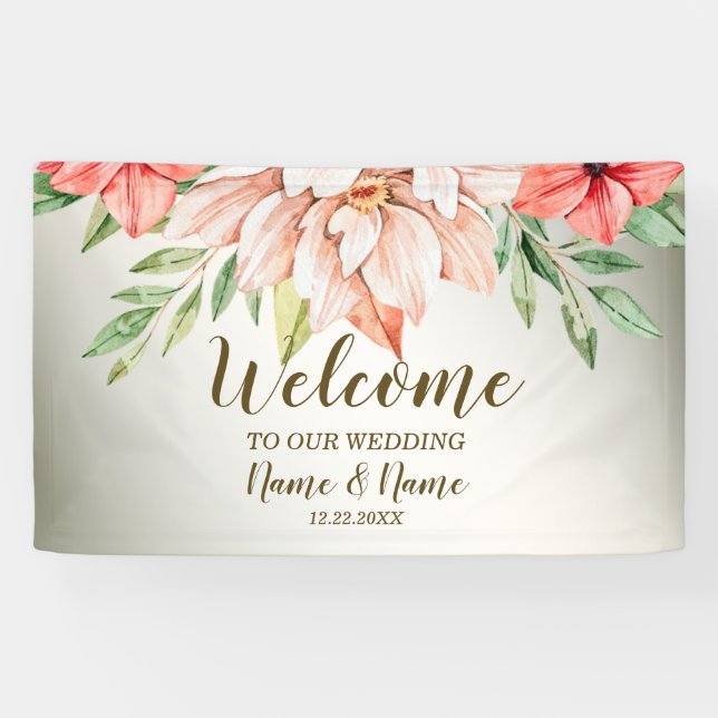 Welcome Wedding Party Peach Orange Floral Rustic Banner (Horizontal)