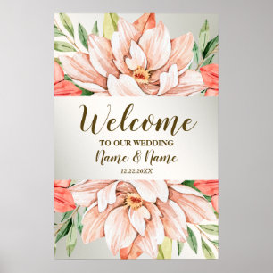 Welcome Wedding Party Peach Orange Flowers Leaves Poster
