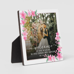 Welcome Wedding Party Pink Floral Frame Plaque