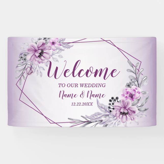 Welcome Wedding Party Pink Floral Violet Purple Banner (Horizontal)
