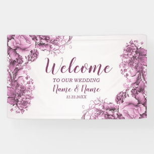 Welcome Wedding Party Pink Flowers Elegant Modern Banner