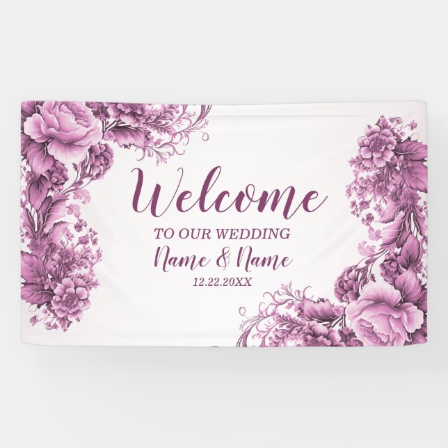 Welcome Wedding Party Pink Flowers Elegant Modern Banner (Horizontal)