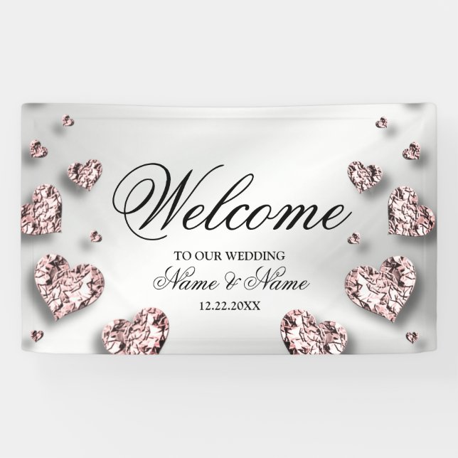 Welcome Wedding Party Pink Peach Shiny Hearts Banner (Horizontal)