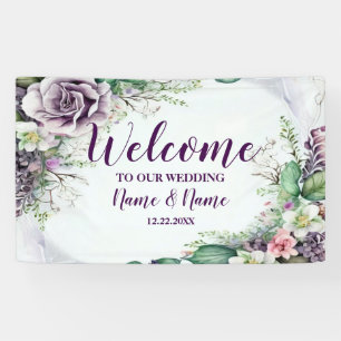 Welcome Wedding Party Purple Floral Green Foliage Banner