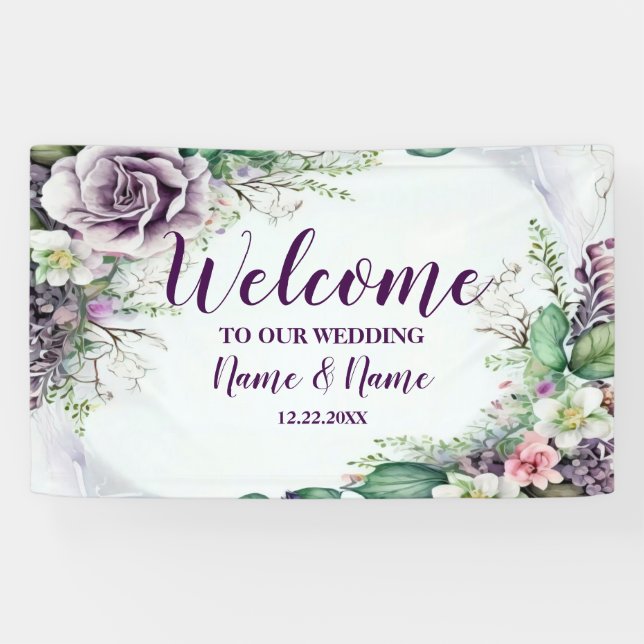 Welcome Wedding Party Purple Floral Green Foliage Banner (Horizontal)