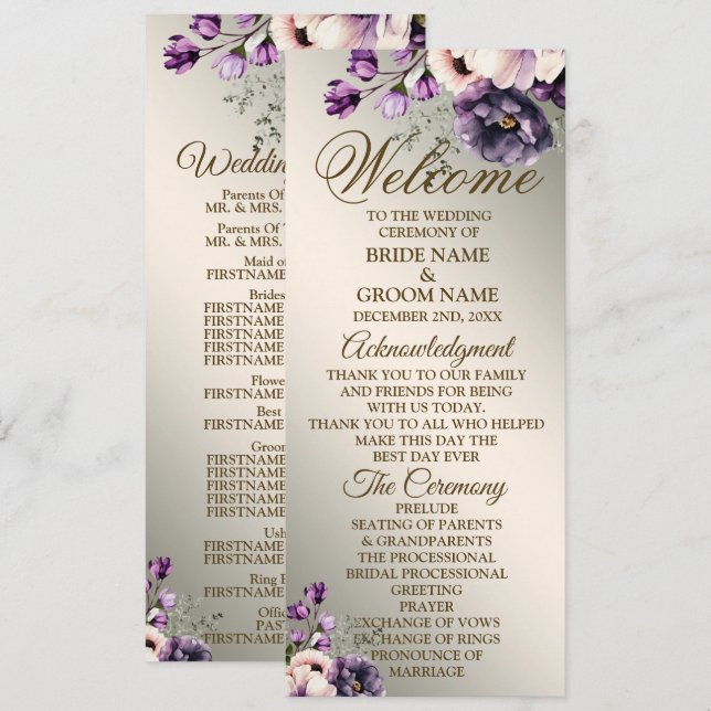 Welcome Wedding Party Purple Pink Flowers Golden Programme (Front/Back)