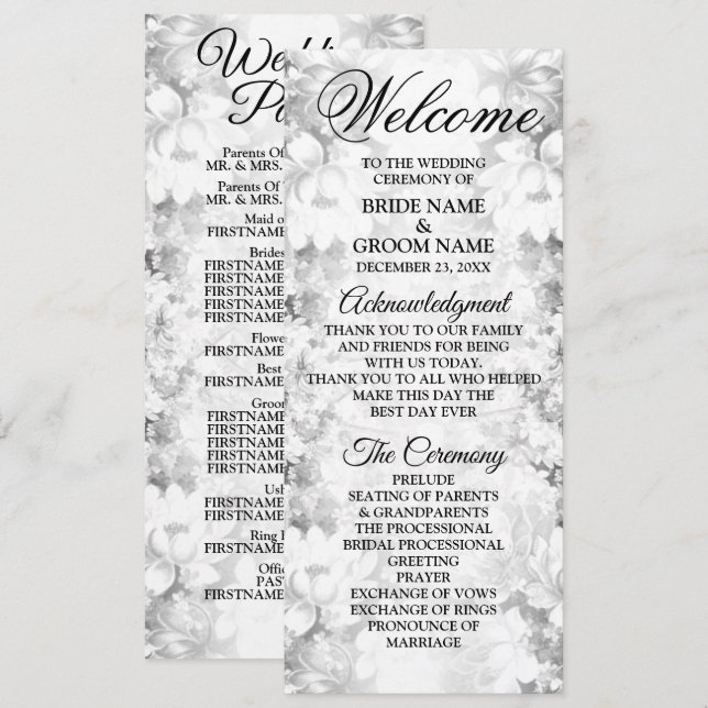 Welcome Wedding Party Silver Floral Elegant Programme (Front/Back)