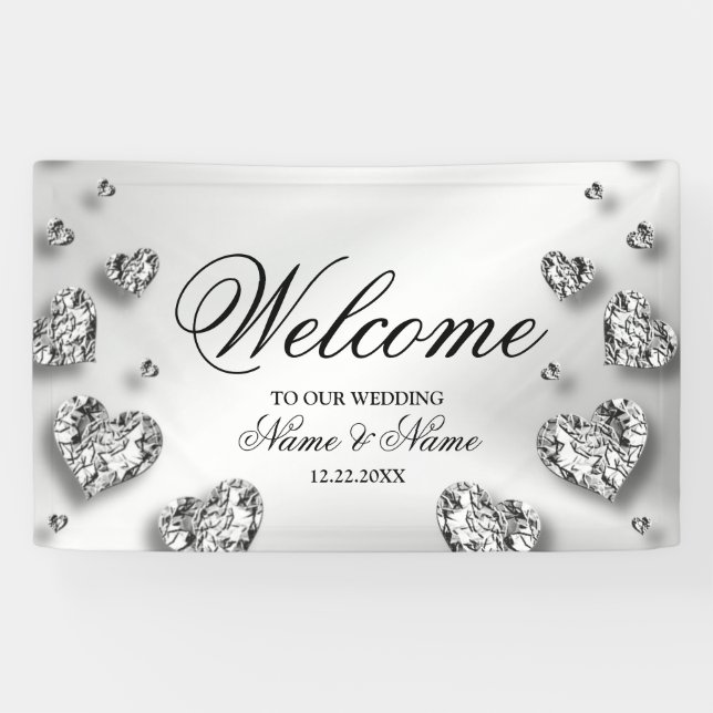 Welcome Wedding Party Silver Hearts Grey Elegant Banner (Horizontal)
