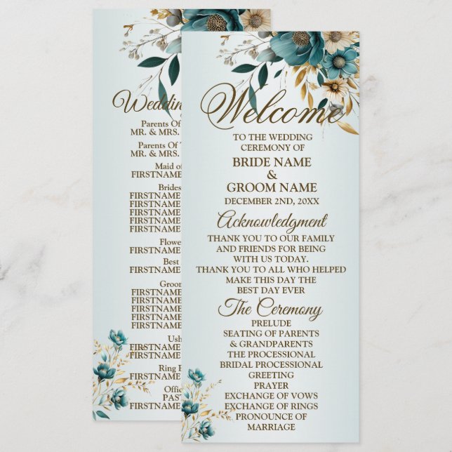 Welcome Wedding Party Turquoise Flower Gold Leaves Programme (Front/Back)