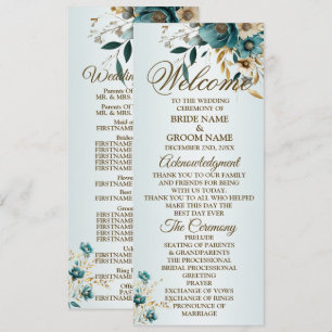 Welcome Wedding Party Turquoise Flower Gold Leaves Programme