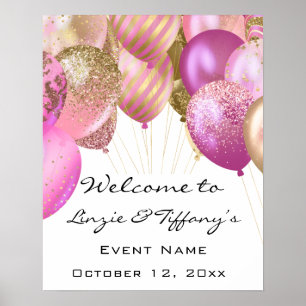 Welcome Wedding Poster Pink Gold Ballons White