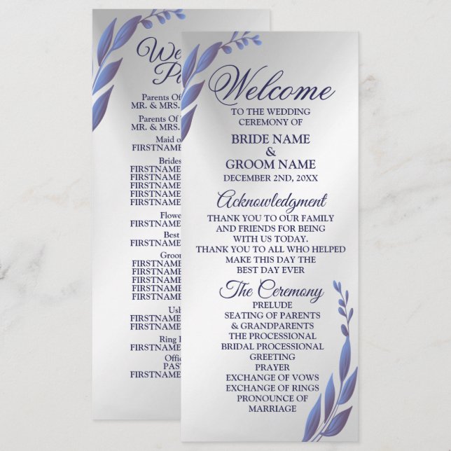Welcome Wedding Purple Blue Floral Silver Modern Programme (Front/Back)