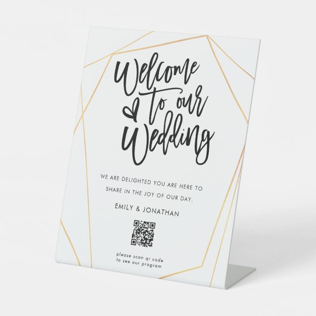 Welcome Wedding QR Code Script Gold Geometric Pedestal Sign (Front)