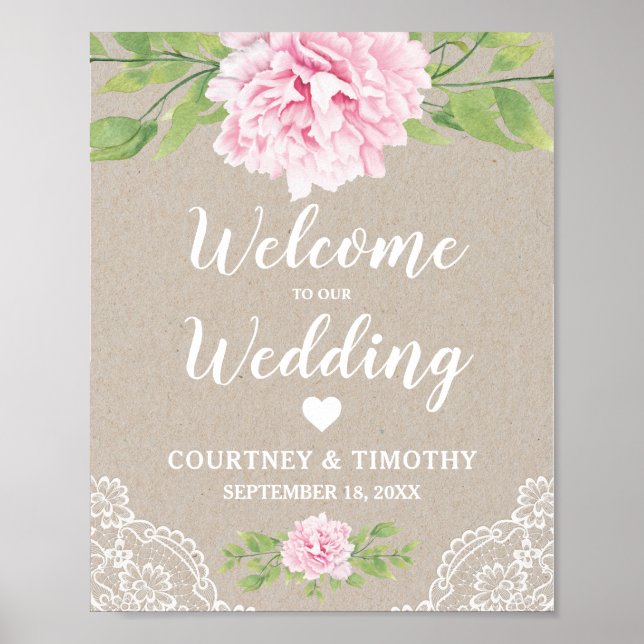 Welcome Wedding Rustic Lace Watercolor Flower | Poster (Front)