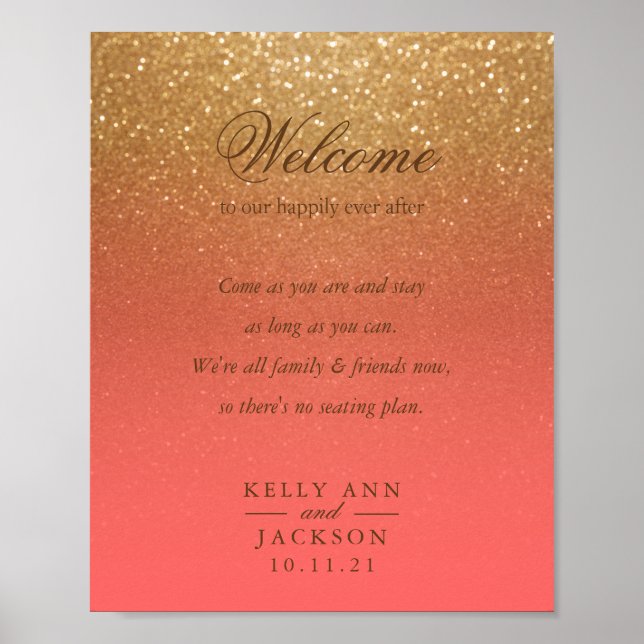 Welcome Wedding Seating - Coral and Gold Glitter Poster (Front)