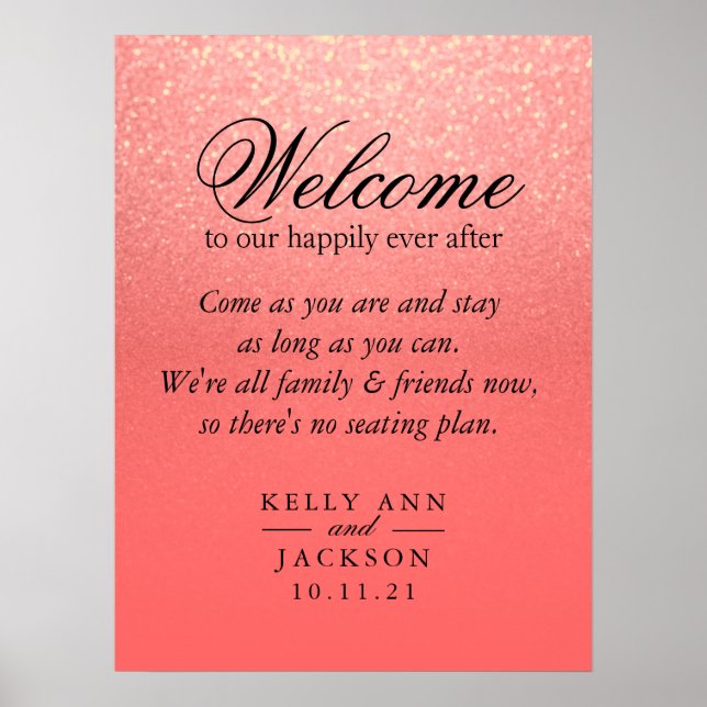 Welcome Wedding Seating - Coral Glitter Poster (Front)