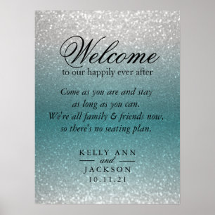 Welcome Wedding Seating - Teal and Silver Glitter Poster