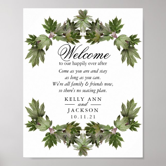 Welcome Wedding Seating - Trendy Green Leaf Swags Poster (Front)