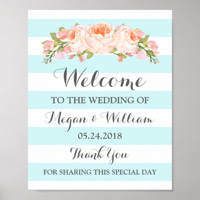 Welcome Wedding Sign Blue Flowers Stripes (Front)
