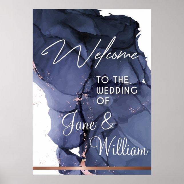 Welcome Wedding Sign - Blue Watercolor & Rose Gold (Front)