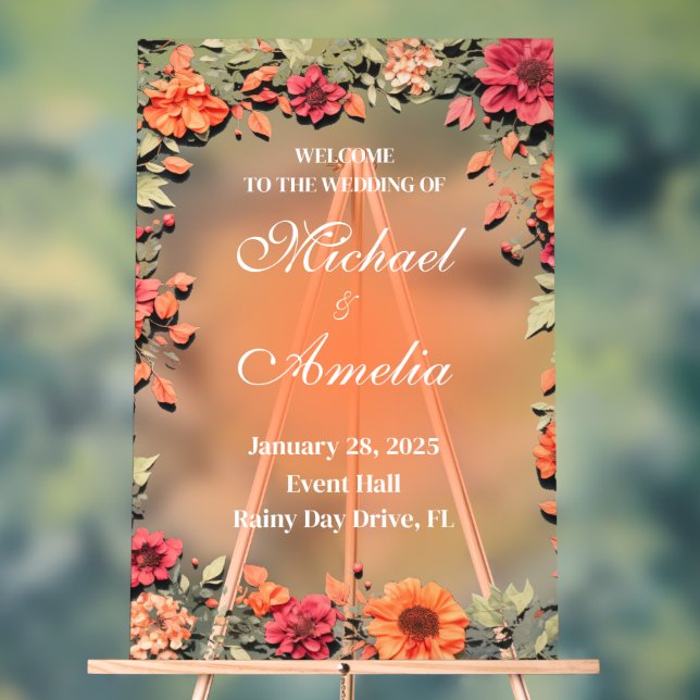 Welcome Wedding Sign boho red green orange floral (Neutral)