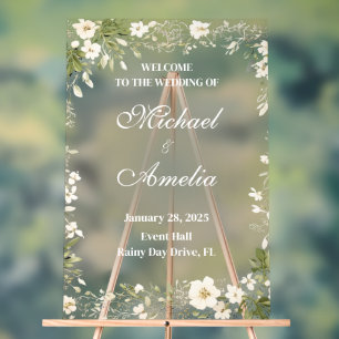 Welcome Wedding Sign boho white green olive floral
