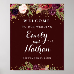 Welcome Wedding Sign Burgundy Gold Floral Fall