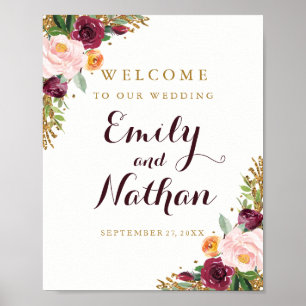 Welcome Wedding Sign Burgundy Gold Floral Glitter
