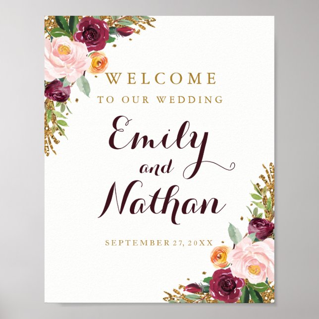 Welcome Wedding Sign Burgundy Gold Floral Glitter (Front)