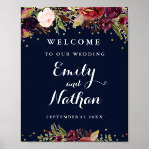 Welcome Wedding Sign Burgundy Gold Navy Floral