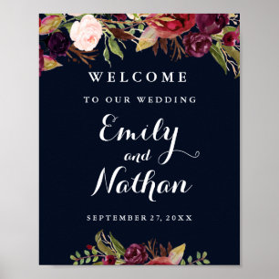Welcome Wedding Sign Burgundy Navy Floral Fall