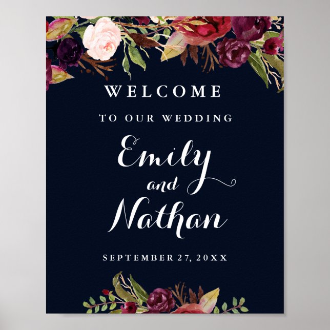 Welcome Wedding Sign Burgundy Navy Floral Fall (Front)